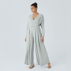 Halara V Neck Long Sleeve Pocket Wide Leg Flowy Waffle Casual Jumpsuit - Size XL